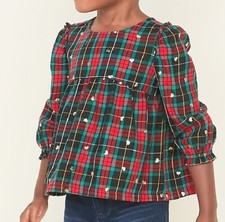 Baby Girls Old Navy 12-18 Mo Red Plaid & Gold Hearts Ruffle-Trim Swing Top New