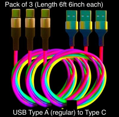 3 PACK USB A to TYPE C Fast Charging Cable 6ft 6” rip Resistant Coated Cord - Image 1 of 4