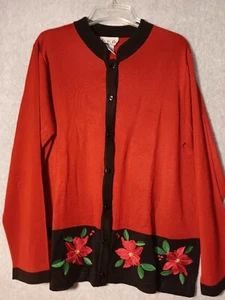 Lea Apparel Women’s Red Cardigan Sweater Christmas Embroidered Poinsettias Sz XL - Picture 1 of 10