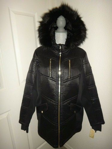 MICHAEL KORS Cappotto Nero Misto Media Isolante Giacca con Cappuccio Pelliccia Ecopelliccia Taglia 1X 2X