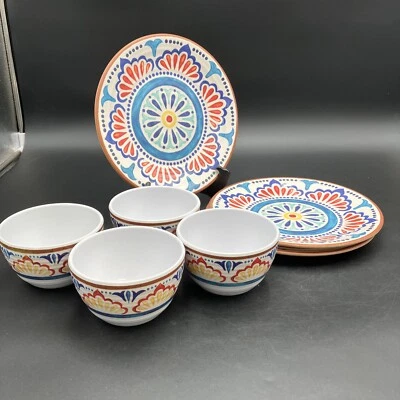 Platos de ensalada de melamina y cuencos de bayas de plástico boho abstracto 8 piezas. Foto 1 de 4