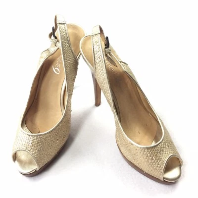 Zapatos de tacón alto tejidos Boutique 9 Lowan 9 metálicos dorados claros punta abierta de madera Foto 1 de 4