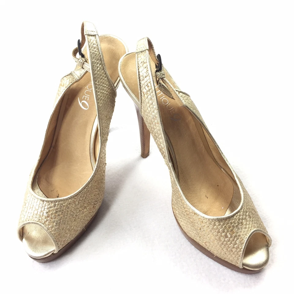 Boutique 9 Lowan тканые высокие каблуки 9 металлический свет золото заглянуть носок деревянные насосы - Изображение 1 из 4