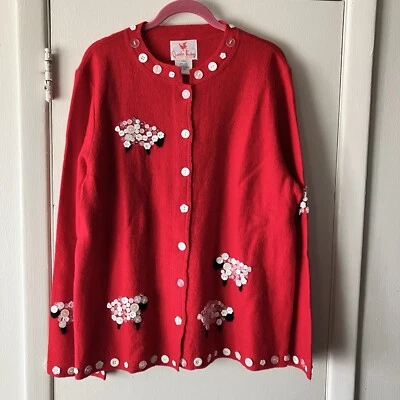 QUACKER FACTORY Women’s Size Large Vintage 100% Wool Sweater Sheep Art to Wear  - Image 1 of 4