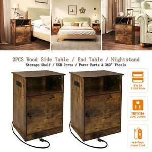 Nightstand Set of 2 Side End Table 2 Drawers Bedside Cabinet w/USB & Power Ports - Picture 1 of 12