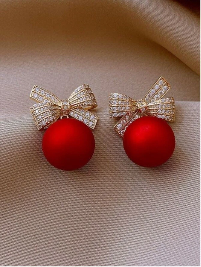 Womens Gold Metal Xmas Christmas Rhinestone Bow Red Decor Stud Drop Earrings - Image 1 of 2