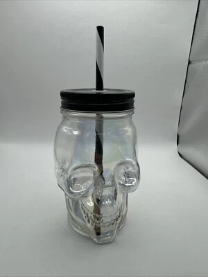 Calavera de vidrio transparente con tapa y pajita S1 Foto 1 de 4
