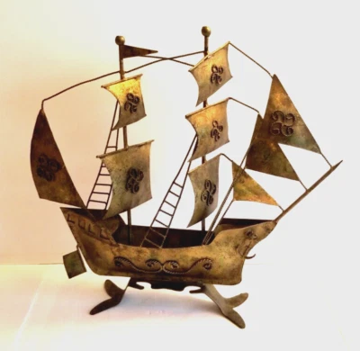 Large Vintage Schooner Spanish Galleon Ship Metal Sculpture 21x5x19" Brass Boat - Image 1 of 4