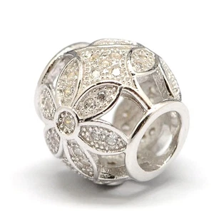FIORE PAVIMENTATO - Traforato con zirconi - Perla charm europeo - Argento sterling 925 massiccio autentico - Foto 1 di 2