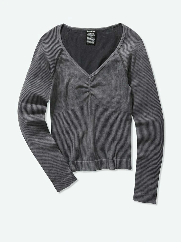 Camiseta ROSA Victoria’s Secret Gris Lavado X-PEQUEÑA Suave Sin Costuras Cuello en V Manga Larga Foto 1 de 1