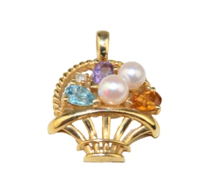 VINTAGE 14K YELLOW GOLD BASKET PENDANT WITH 2 PEARLS 3 GEMSTONES & TINY DIAMOND - Picture 1 of 4
