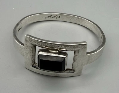 VINTAGE ALICIA De La Paz 950 STERLING ONYX Modernist Mid century Bracelet TAXCO  - Image 1 of 4