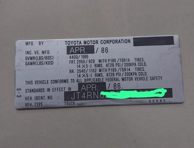 Placa de datos de puerta de aluminio grabada apta para camioneta Toyota RN63 86 87 Foto 1 de 2