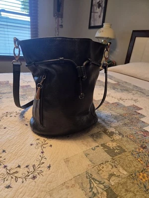 Paradox Black Leather Crossbody Shoulder Bucket Handbag w/ Drawstring Zip Pocket - Image 1 of 4