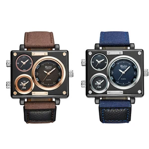 Men's Military Three Time Zones Square Big Dial Leather Strap Quartz Wrist Watch - Picture 1 of 14