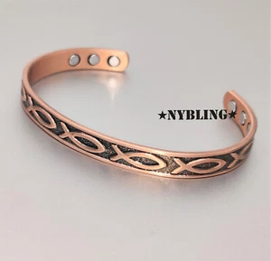 PURE Copper Magnetic Bracelet Arthritis Pain Therapy Energy Cuff Fish Pattern - Picture 1 of 11