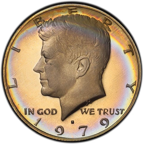 PR68DCAM 1979-S (T1) Kennedy Proof Half Dollar, PCGS Secure- Rainbow Album Toned Cover