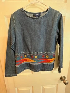 Vintage TY Wear Denim Top Women's 4P Embroidered Southwest Style Fringe Long Sle - Picture 1 of 5