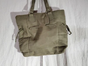Neiman Marcus Olive Green Drawstring Handbag Purse L Tote With Sherpa Trim - Picture 1 of 9