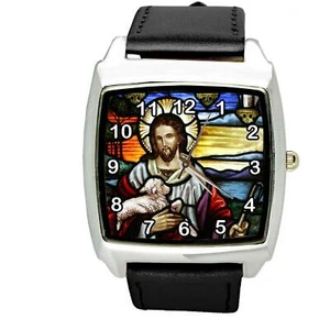 OROLOGIO QUADRATO GESÙ CRISTO CHIESA SANTA BIBBIA ACCIAIO PELLE NERA FILM DVD - Foto 1 di 3