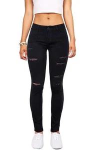 Women's High Waisted Stretch Ripped Skinny Jeans Juniors Butt Lifting Black 16 - Picture 1 of 7
