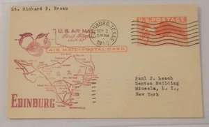 Edinburg Texas to San Antonio September 3 1950 postal card first flight airmail - Picture 1 of 2