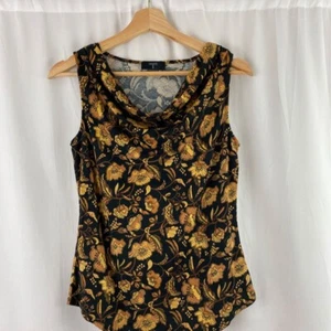 Tahari Womens Blouse Black Gold Floral Sleeveless Scoop Neck Stretch Top XS NWT - Picture 1 of 12