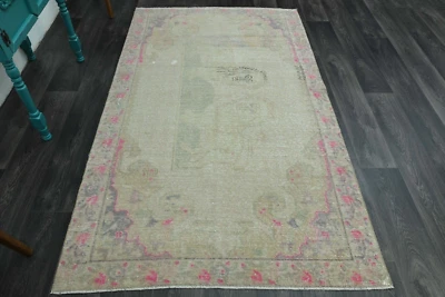 4.5x7.5 ft, Faded Beige Blue Lion Patterned Rug, Handmade Wool Rug, Vintage Rug - Image 1 of 4