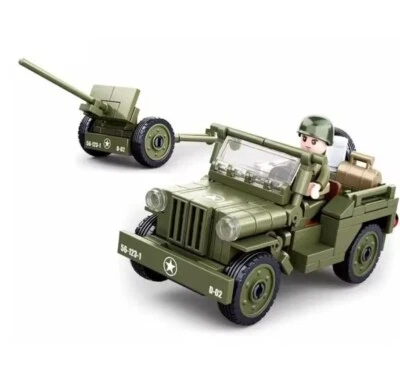 Moc WW2 Jeep военного автомобиля пушки прицеп насадка США солдат игрушка новый - Изображение 1 из 4