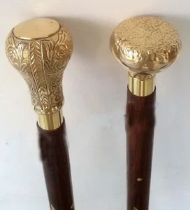 Lote de 2 bastones de diseño con mango de latón antiguo bastón de madera bastón vintage - Imagen 1 de 2