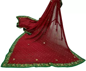 Vintage Heavy Dark Red Dupatta Pure Georgette Silk Long Stole Hand Embroidered - Picture 1 of 20