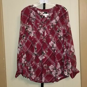 Charter Club Burgundy Floral Plaid Blouse NWOT 0x #1250 - Picture 1 of 3
