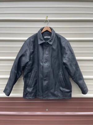 CHAQUETA DE CUERO NEGRA BOSTON OUTFITTERS PARA HOMBRE TALLA M FORRO DE LANA MEDIANO ABRIGO MOTERO Foto 1 de 4