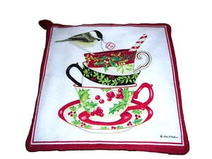 NWOT Alice's Cottage Holiday Multicolor Tea Cups Cotton Pot Holder 7" x 7.5" - Picture 1 of 1