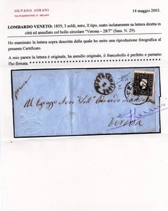 Lombardo Veneto 1859 3 Soldi (Sass. 29) Verona per città Cert. Sorani - Foto 1 di 2