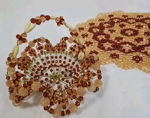 Vtg Handmade Beaded Safety Pin Basket & Doily Trivet Mat Brown Ivory Unique - Picture 1 of 16