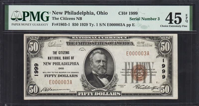 1929 New Philadelphia OH $50 National Banknote Ch 1999 Serial #3 PMG XF 45 EPQ - Image 1 of 2