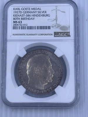 1927 D Germany-Karl Goetz Medal, K-386 Hindenburg 80th B-Day, NGC MS63 - Image 1 of 4