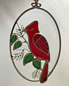 Vintage Buntglas Kardinal Sonnenfänger ovale Platte Vogel Kunst 7" Fensterbehang - Bild 1 von 8