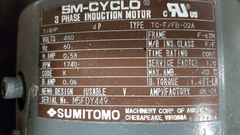 SUMITOMO TC-F/FB-02A INDUCTION MOTOR - Image 1 of 1