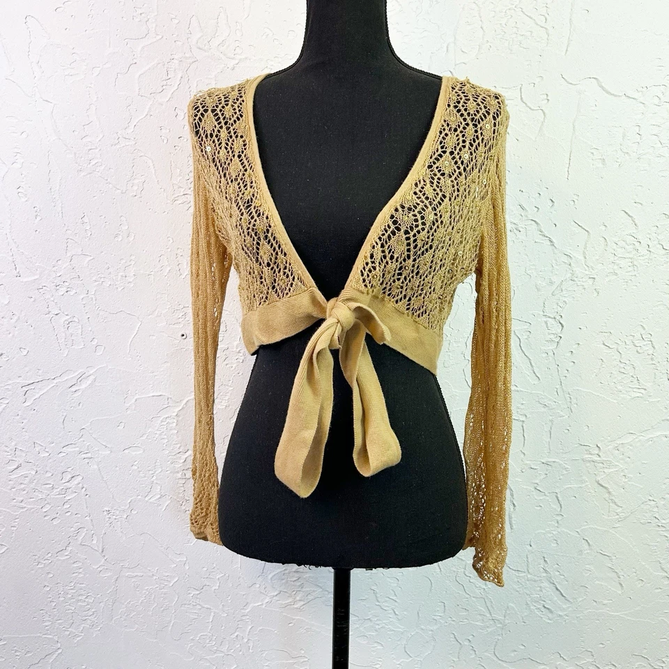 Cardigã Vintage Y2K Dourado Lantejoulas Frente Encolher Encolher Tamanho Grande Fairycore - Imagem 1 de 4