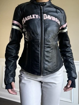 Chaqueta Harley Davidson de cuero para mujer con logotipo rosa - talla S Foto 1 de 4
