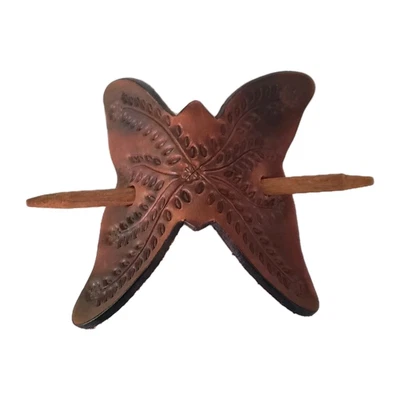 Vintage Tooled Leather Butterfly Hair Stick Barrette Ponytail Holder Boho - Image 1 of 4