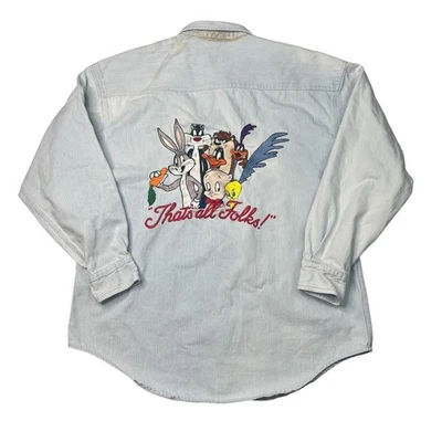 Camisa Looney Tunes De Colección Años 90 Bordada Abotonada Acme Studios DEFECTUOSA Azul L Grande Foto 1 de 4