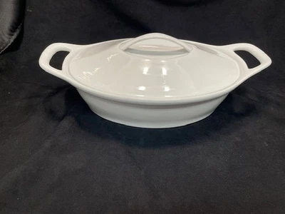 Crate & Barrel Oval porcelain  Handled covered casserole white - Image 1 of 4