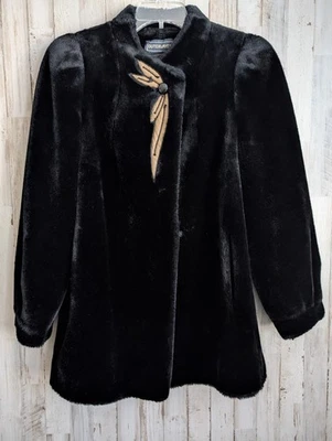 Abrigo de piel sintética vintage años 80 capas exteriores mujer 9/10 negro floral forrado mafia esposa EE. UU. Foto 1 de 4