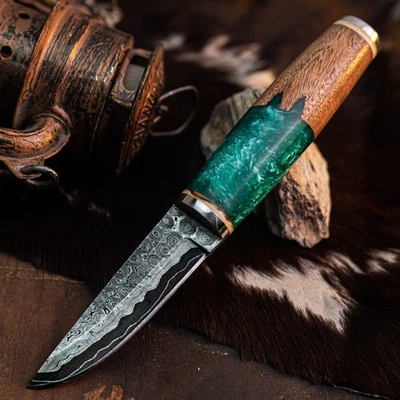 Cuchillo Damasco/Acero 8.9" Listo para Regalo Full Tang Hunt it Hunt + Funda de Cuero Foto 1 de 4