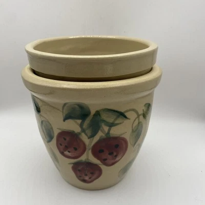 Strawberry Pottery Dip Set Crock Unsigned 4.75”Tx4.5”W Ice In Bottom Dip On Top - Image 1 of 4
