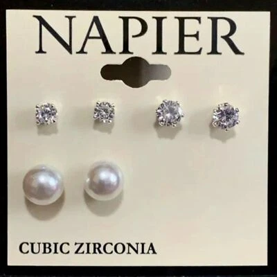 Juego de 3 aretes contemporáneos NAPIER PLATA CIRCONITA CÚBICA TRANSPARENTE PIEDRA/PERLA BLANCA**NUEVOS Foto 1 de 2
