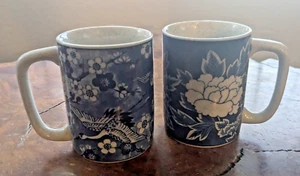 Japanese Blue and White Speckled Mugs One With Cranes One Florals Set Of 2 - Picture 1 of 13